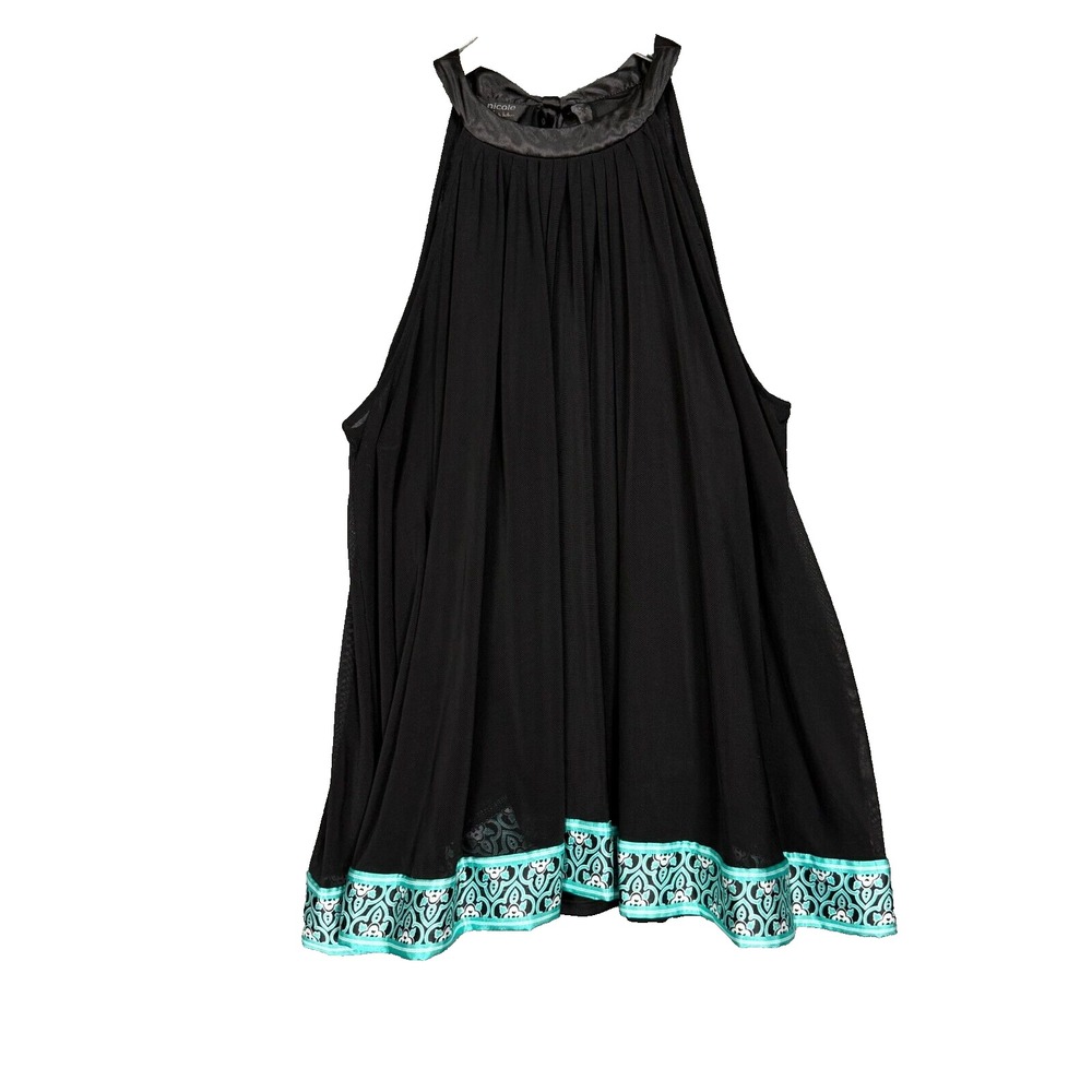 Nicole by Nicole Miller Shirt Womens 12‎ Black Teal Blouse A-Line Gauzy Overlay